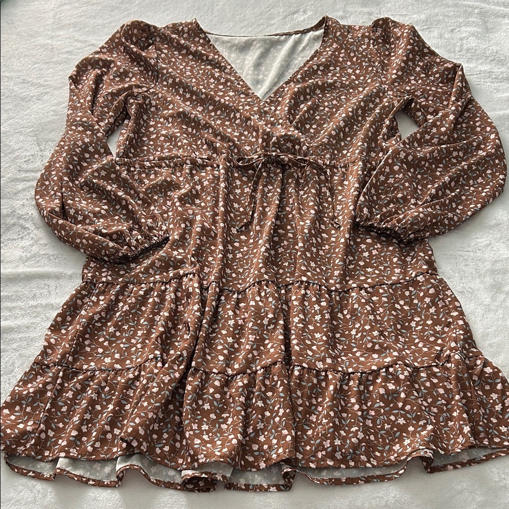 Brown Floral Tiered Long Sleeve Dress